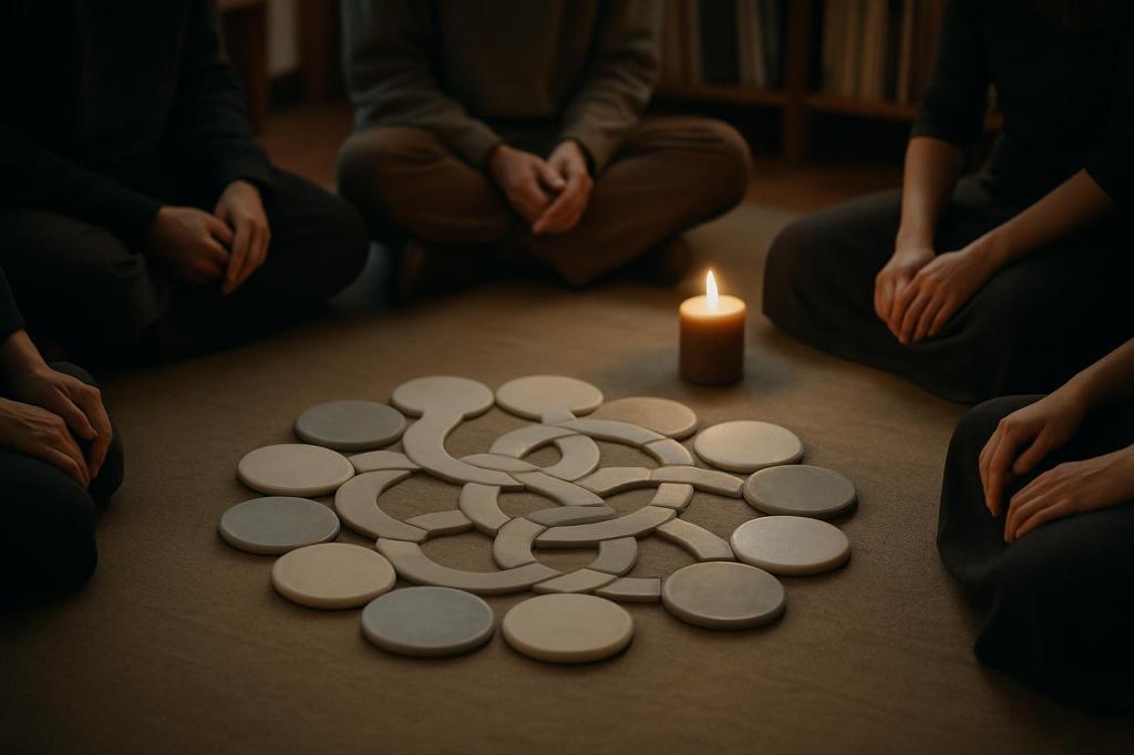 A circle of people in meditation, with a central arrangement of wooden discs and a lit candle, surrounded by the soft, dim...
